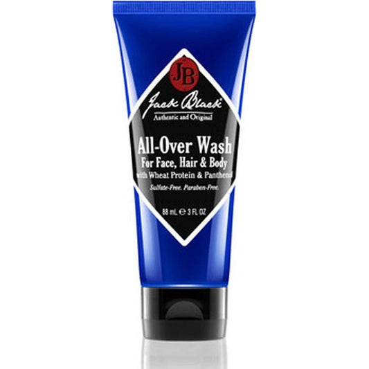 Jack Black All-Over Wash for face, hair, and body in 88ml/3oz bottle, natural skincare product from Pasteur Pharmacy.
