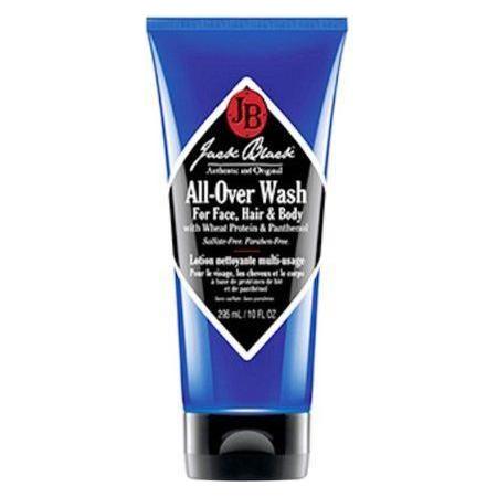 Jack Black All-Over Wash for face, hair, and body in a 10 oz tube, designed for versatile cleansing and skin care.