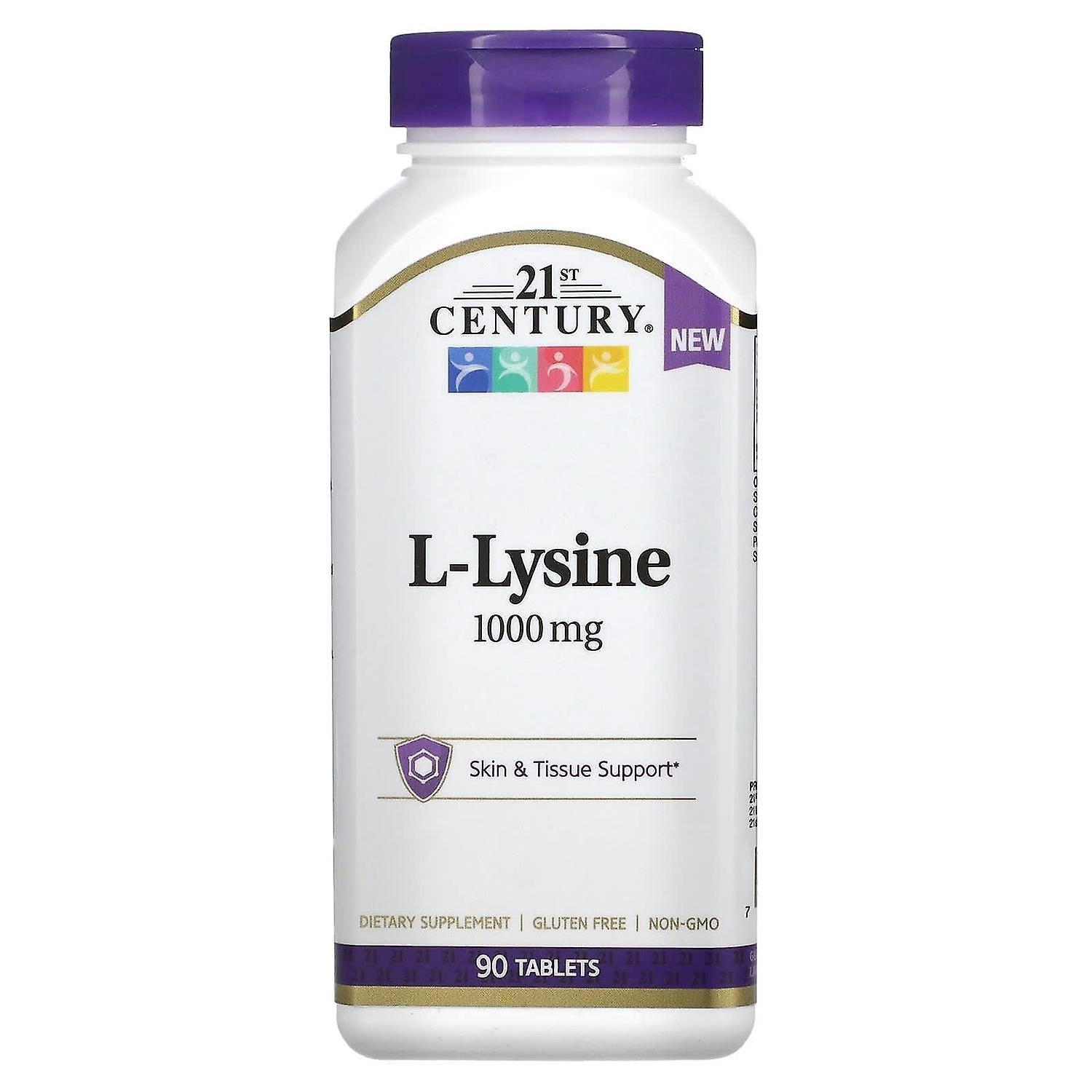 21st Century Healthcare L-Lysine 1000 Mg amino acid tablets, 90-count bottle, displayed in clear container with label.