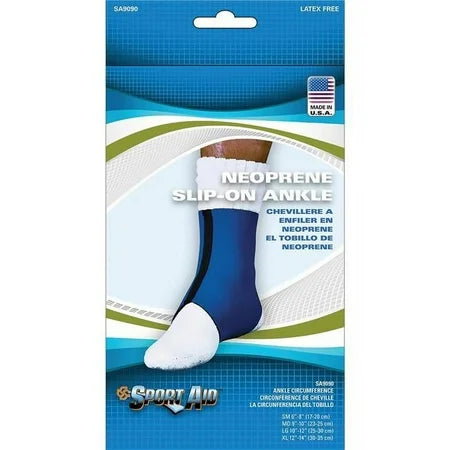 Blue Sportaid ankle brace support in neoprene for medium-sized ankles, designed for ankle stability and compression.