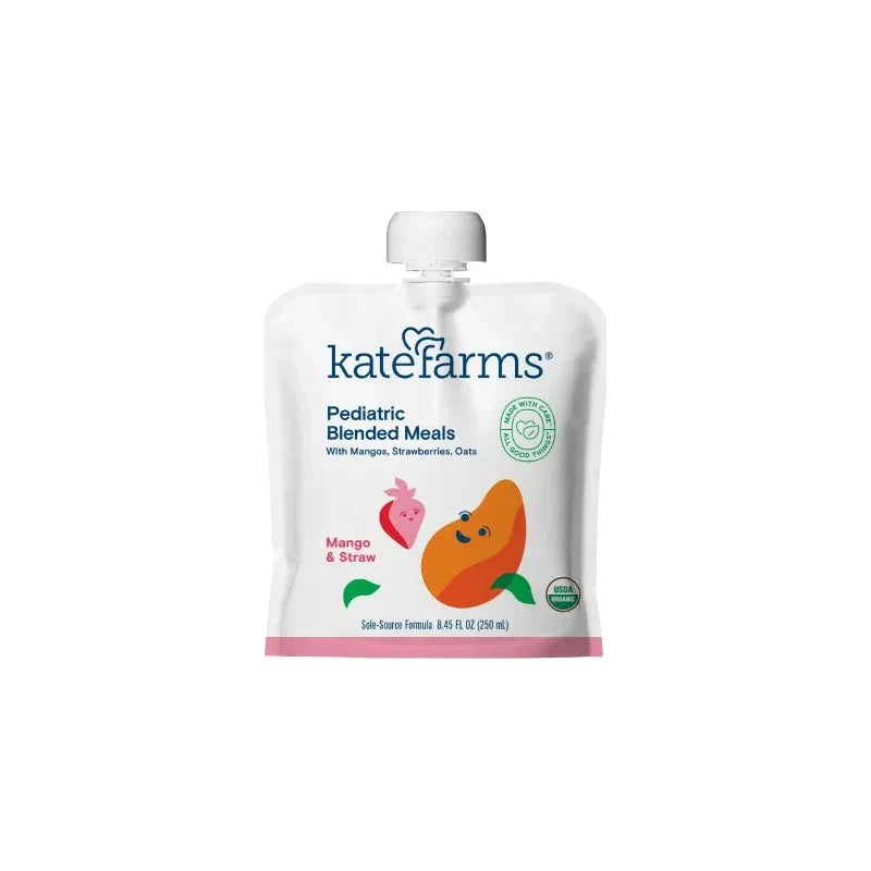 Kate Farms Pediatric Blended Meals in Mango & Strawberry flavor, 8.45 fl oz, with a colorful fruit splash on the label.