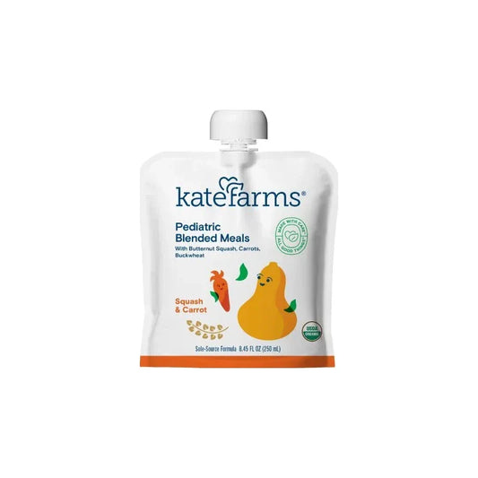 Kate Farms Pediatric Blended Meals with squash and carrot, 8.45 fl oz, set of 12, in colorful packaging.