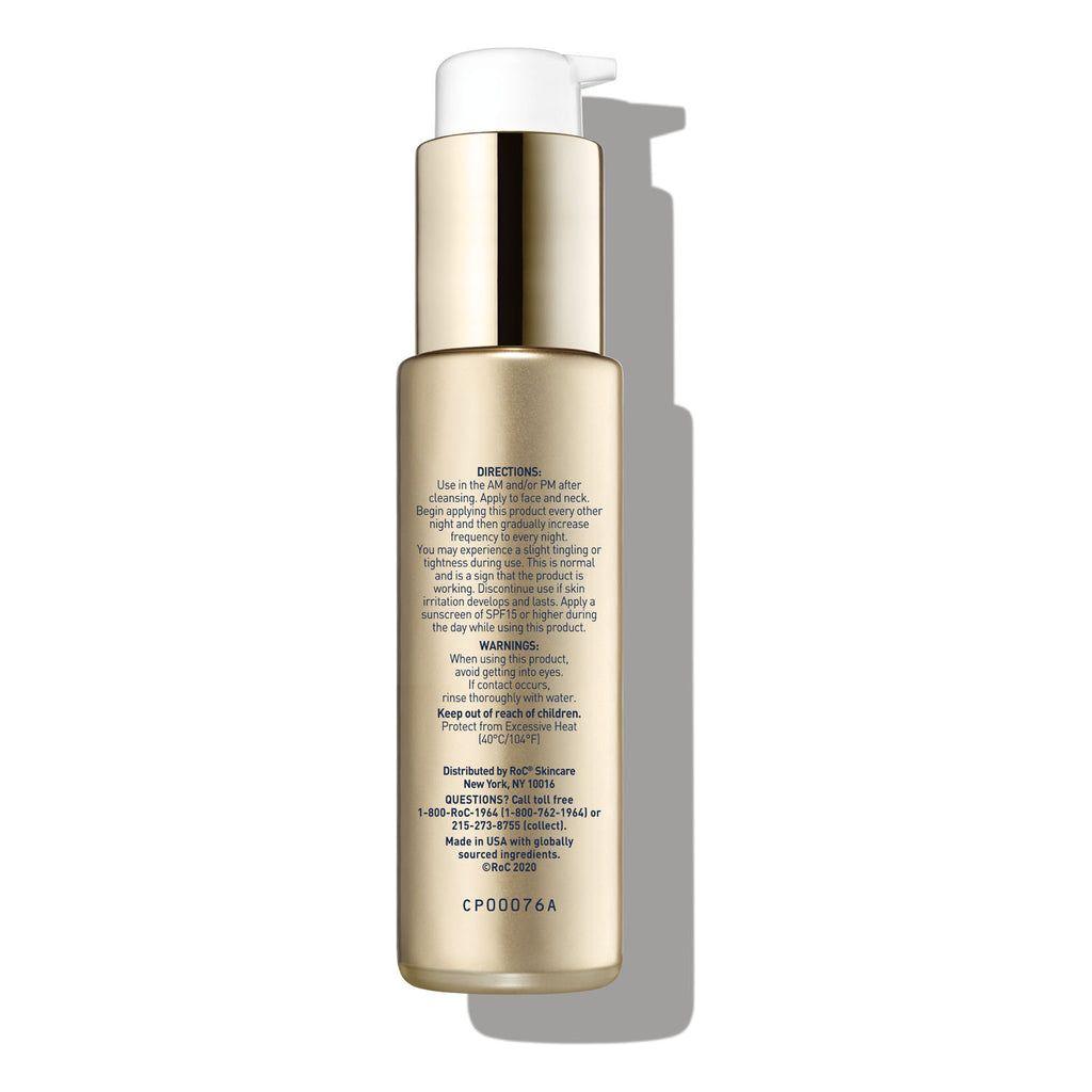 Roc Retinol Correxion Deep Wrinkle Serum in a 1 oz bottle, anti-aging serum from Pasteur Pharmacy with a white and gold packaging
