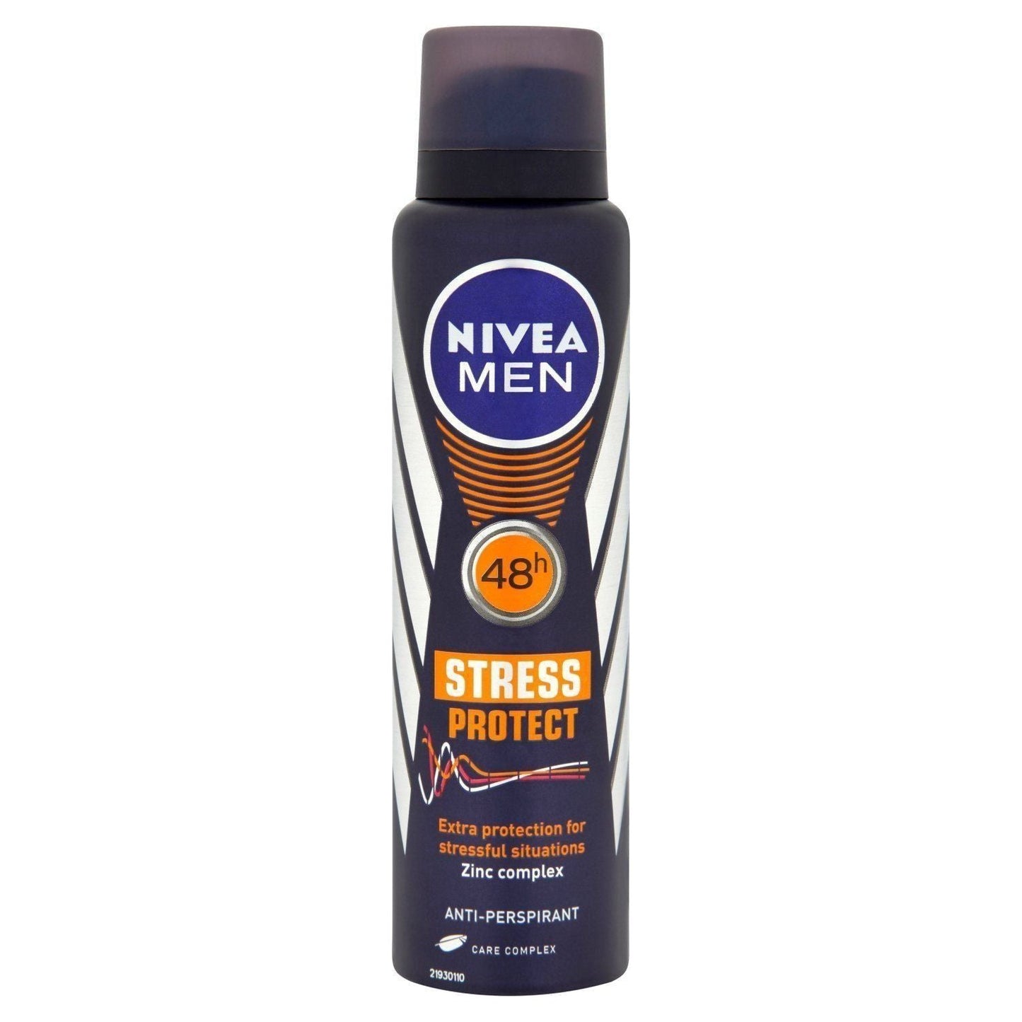 Nivea Men Stress Protect 48h Anti-Perspirant spray, 150ml, with cooling blue cap and clear label showing product name and brand.