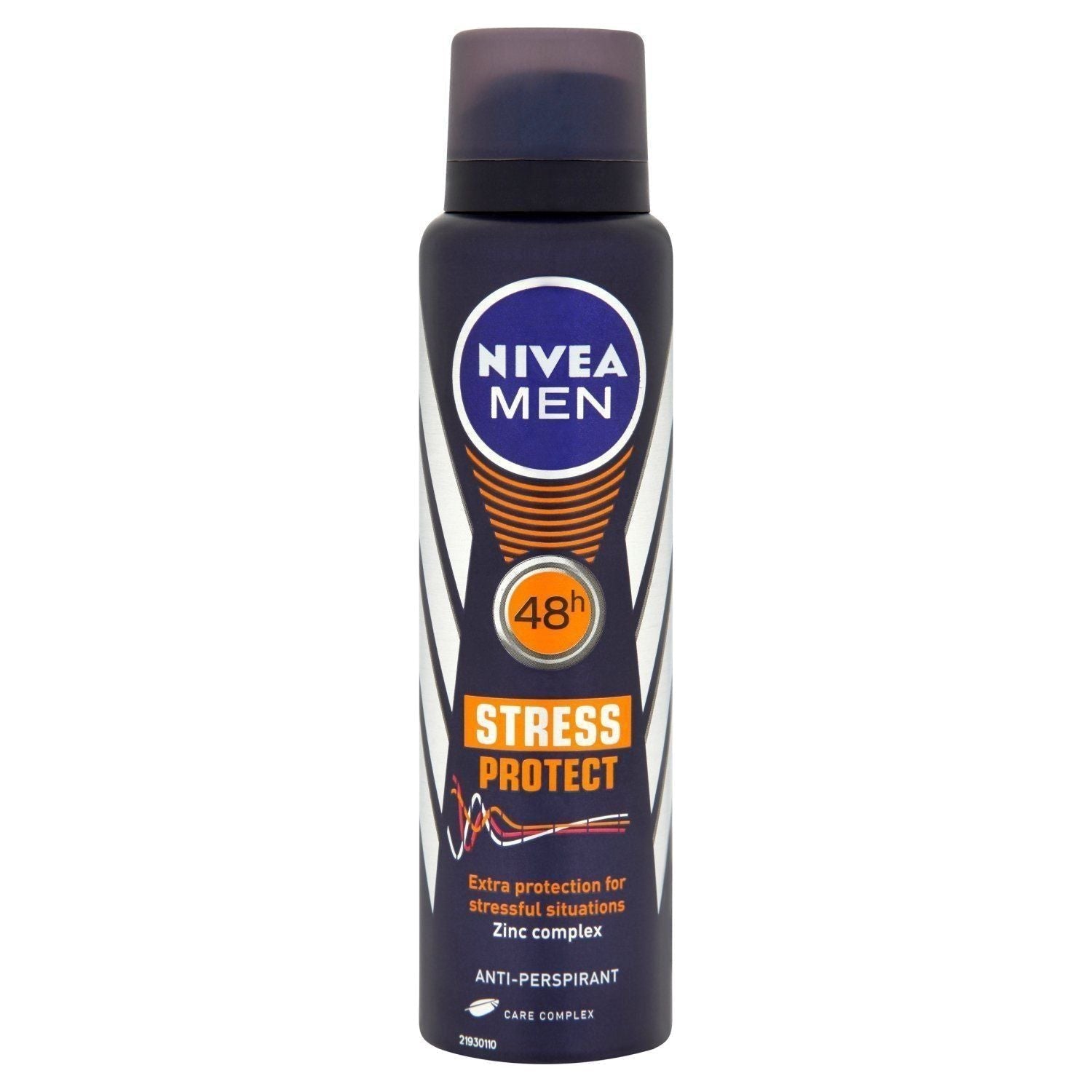 Nivea Men Stress Protect 48h Anti-Perspirant spray, 150ml, with cooling blue cap and clear label showing product name and brand.