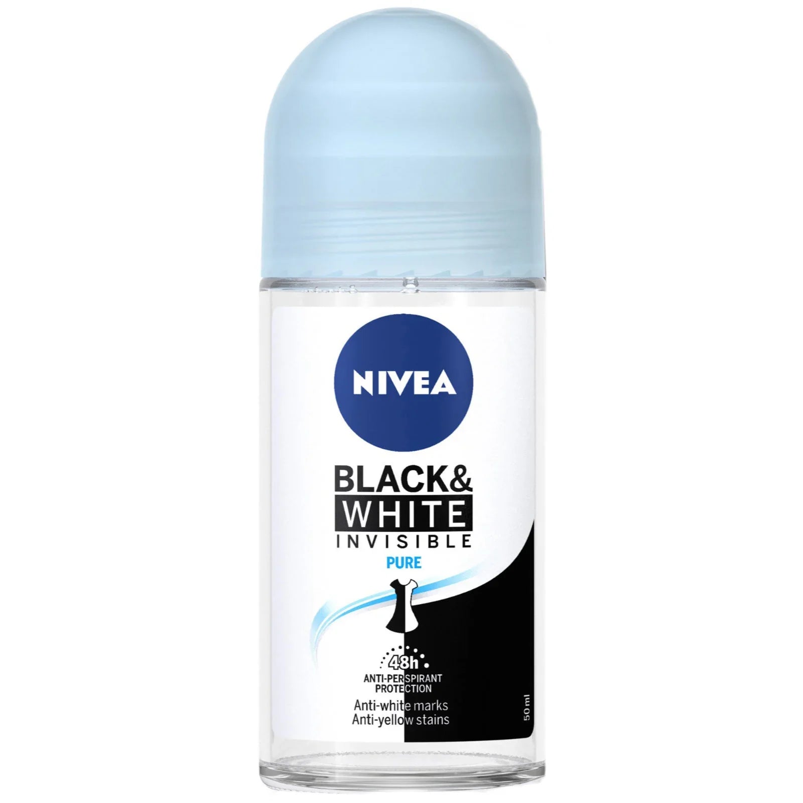 Nivea Black & White Invisible Pure 48h 5-in-1 Anti-Perspirant Roll-On in 50ml bottle, with sleek black and white packaging.