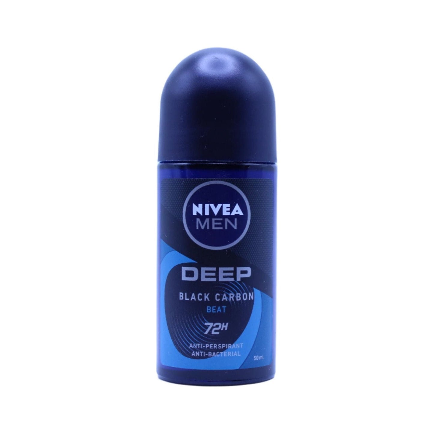 Nivea Men Deep Beat 72H anti-perspirant roll-on bottle, 50ml, displaying the blue and white packaging of the anti-perspirant.