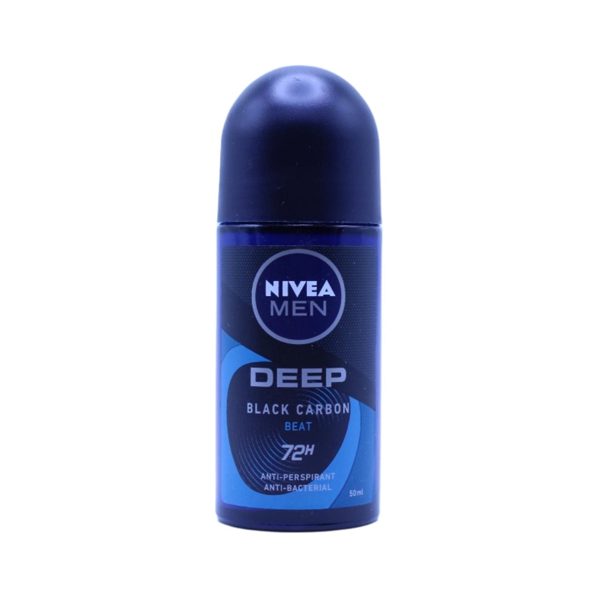 Nivea Men Deep Beat 72H anti-perspirant roll-on bottle, 50ml, displaying the blue and white packaging of the anti-perspirant.