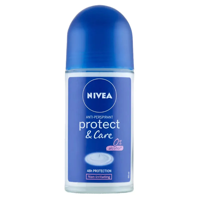 Nivea Protect & Care 48h anti-perspirant roll-on in 50ml bottle, deodorant product from Pasteur Pharmacy with blue cap and label.