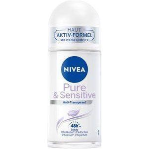 Nivea Pure & Sensitive 48h anti-perspirant roll-on in 50ml bottle, suitable for sensitive skin, with clear cap and label.