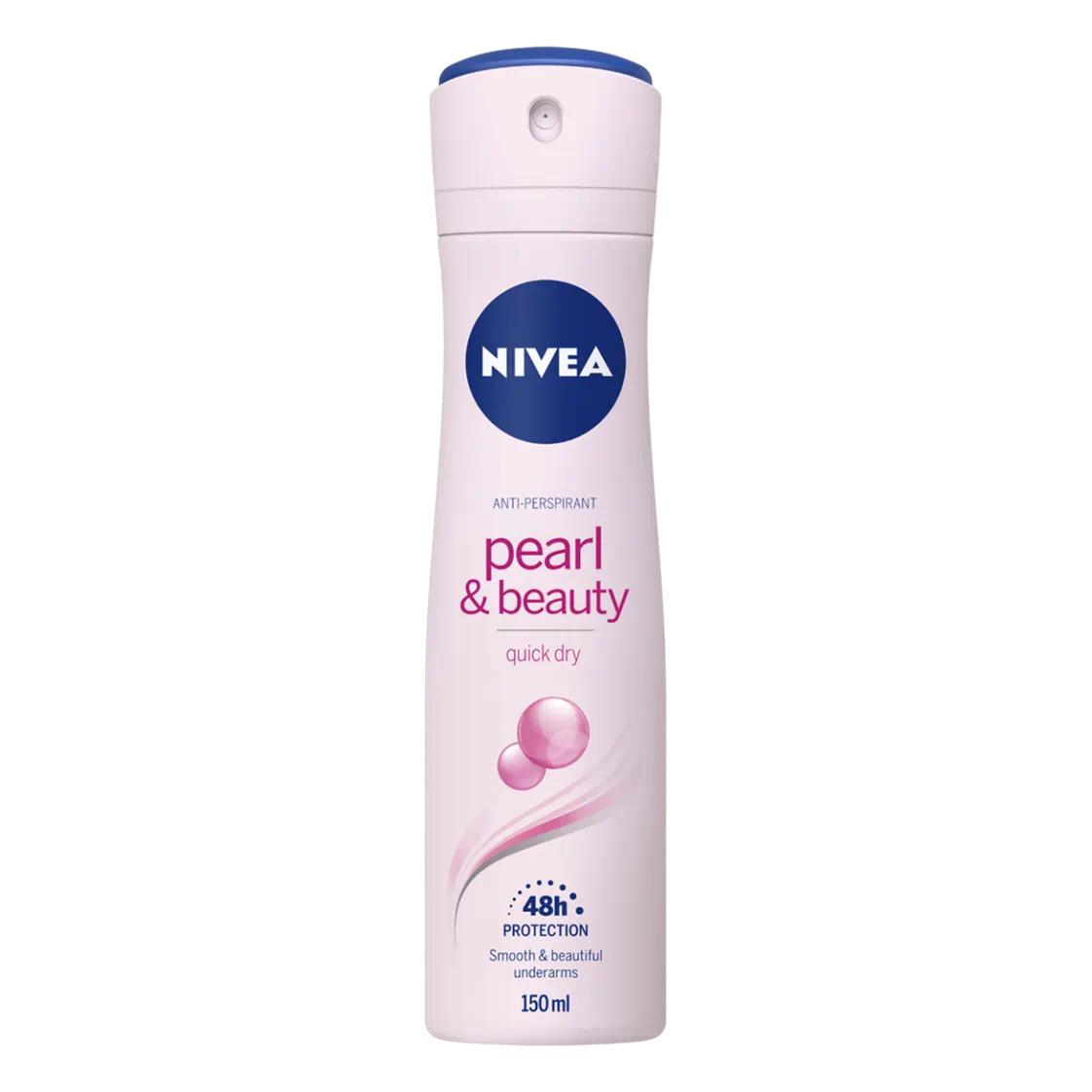 Nivea Pearl & Beauty 48h Protection Anti-Perspirant Spray in 150ml bottle, with elegant packaging and spray nozzle visible.