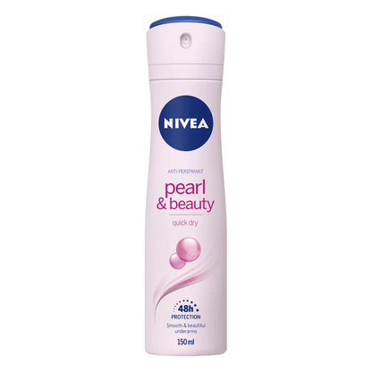 Nivea Pearl & Beauty 48h Protection Anti-Perspirant Spray in 150ml bottle, with elegant packaging and spray nozzle visible.