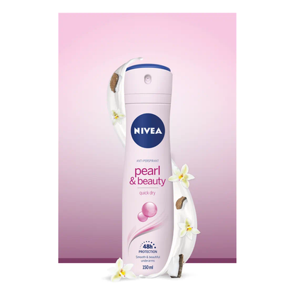 Nivea Pearl & Beauty 48h Protection Anti-Perspirant Spray 150ml, clear bottle with blue cap and Nivea branding