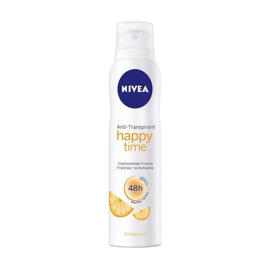 Nivea Happy Time Anti-Transpirant Spray 150ml bottle with blue cap and label, designed for odor and sweat control.