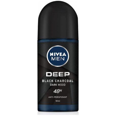 Nivea Deep Black Carbon Dark Wood Roll-On Antiperspirant for Men, 50ml, with a sleek black container and dark wood design.