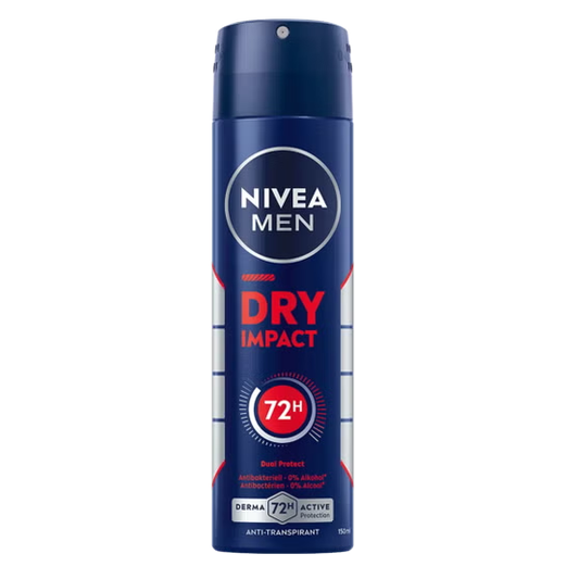 Nivea Dry Impact 72 Hour Dual Protect Anti-Transpirant Spray for Men in 150ml bottle, featuring the product label and spray nozzle.