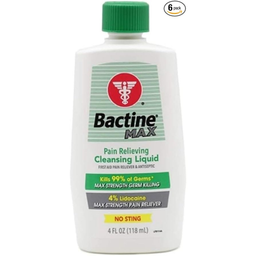 Bactine MAX Pain Relieving Cleansing Spray, antiseptic and pain relief spray, displayed in a 12-piece PDQ packaging.