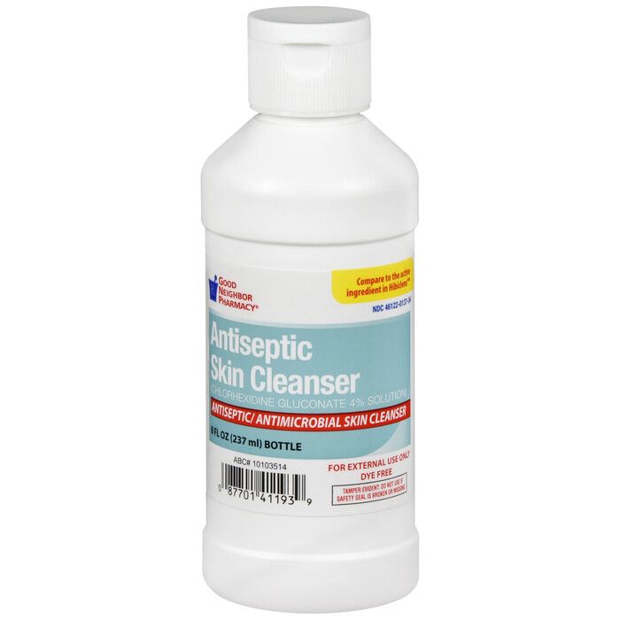 GNP Antiseptic Skin Cleanser Solution 4% in an 8 oz bottle, used for antiseptic skin cleaning by Pasteur Pharmacy.