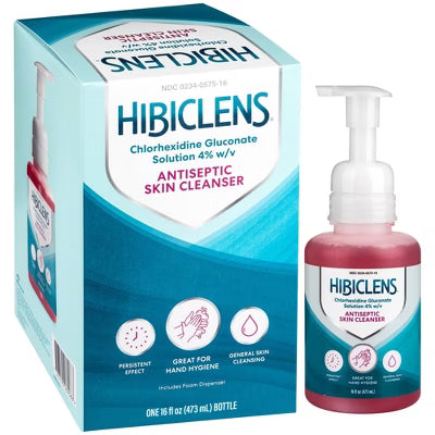 Hibiclens Antiseptic Skin Cleanser in a 16 oz bottle with foaming pump, used for skin cleansing and infection prevention.