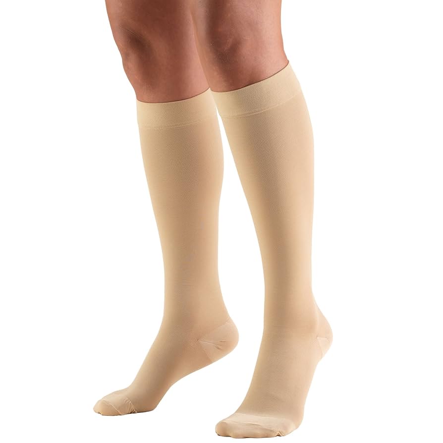 Beige Dr. Comfort knee-high medical compression stockings, size small, 20-30 mmHg, designed for improved leg support and circulation