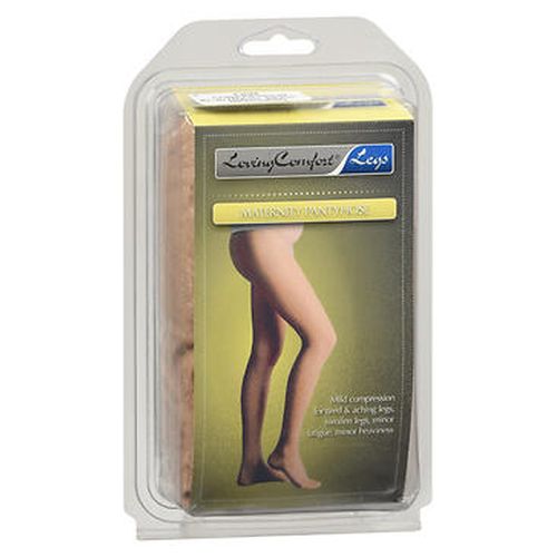 Loving Comfort sheer maternity pantyhose in beige, medium size, designed for pregnancy comfort and support.
