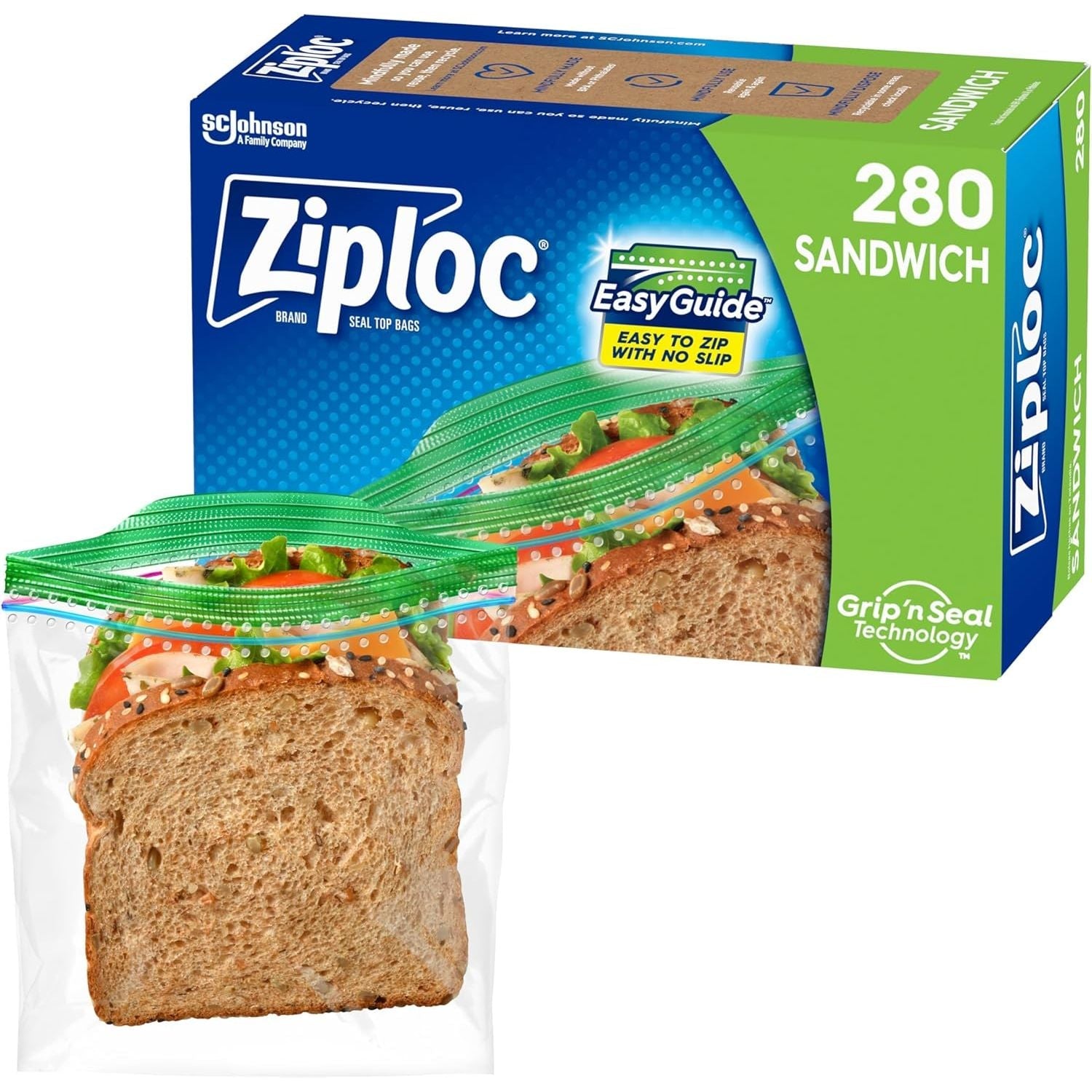Ziploc Sandwich and Snack Bags with EasyGuide texture and Grip 'n Seal technology, shown in a stack of plastic storage bags.