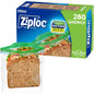 Ziploc Sandwich and Snack Bags with EasyGuide texture and Grip 'n Seal technology, shown in a stack of plastic storage bags.