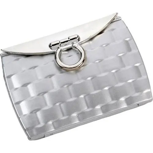 Polished silver Brandon Evening Clutch Compact Mirror from Pasteur Pharmacy's accessories collection, featuring a sleek, elegant design.