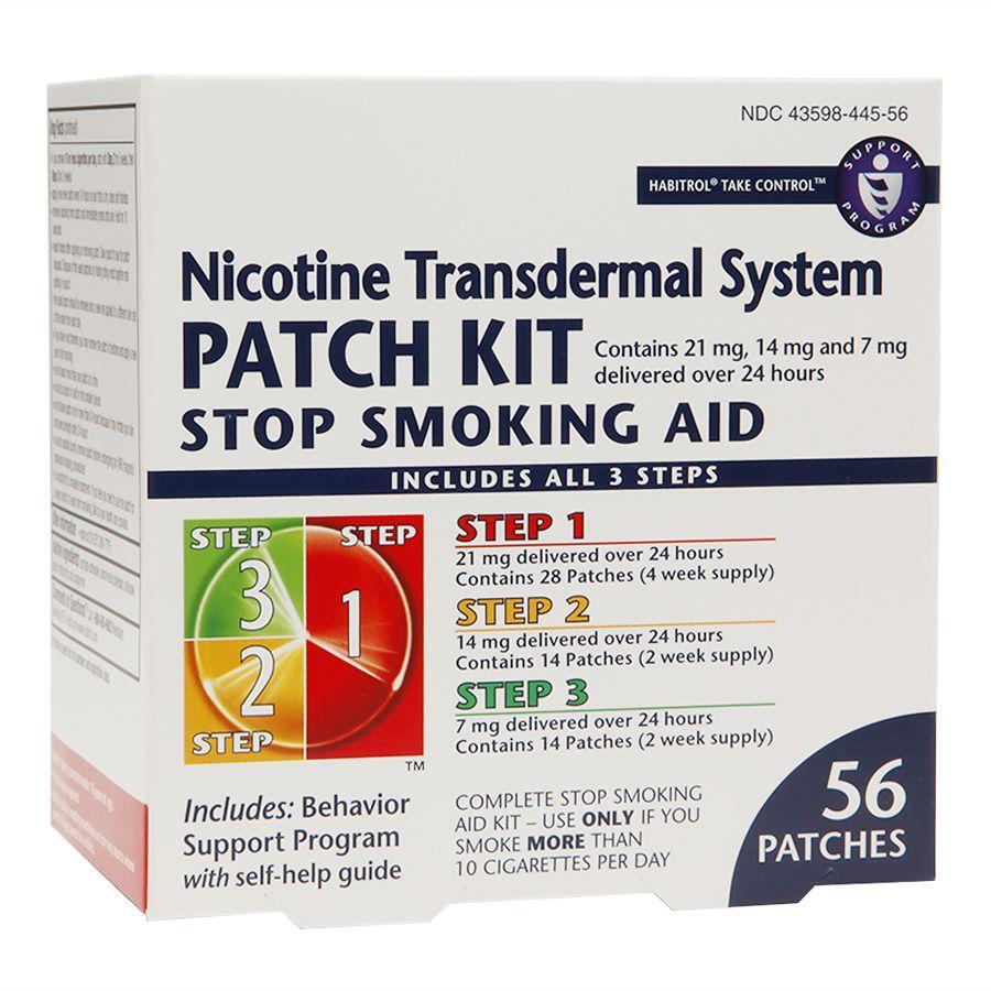 Habitrol nicotine transdermal patches for smoking cessation, shown in a step-by-step stop smoking aid kit by Pasteur Pharmacy