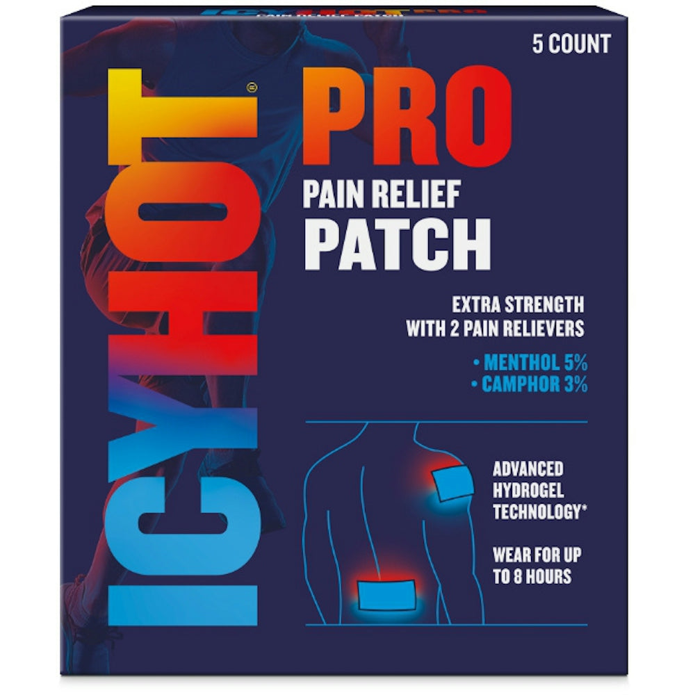 Icy Hot Pro Pain Relief Extra Strength patch from Pasteur Pharmacy, adhesive patch for targeted muscle pain relief.