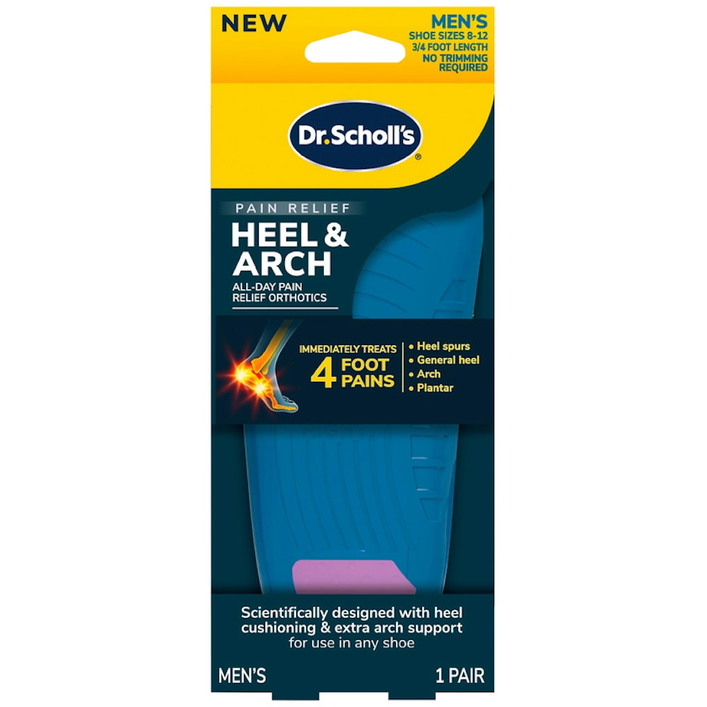 Dr. Scholl's men's arch supports for heel and arch pain relief, shoe sizes 8-12, with cushioned orthotic design.