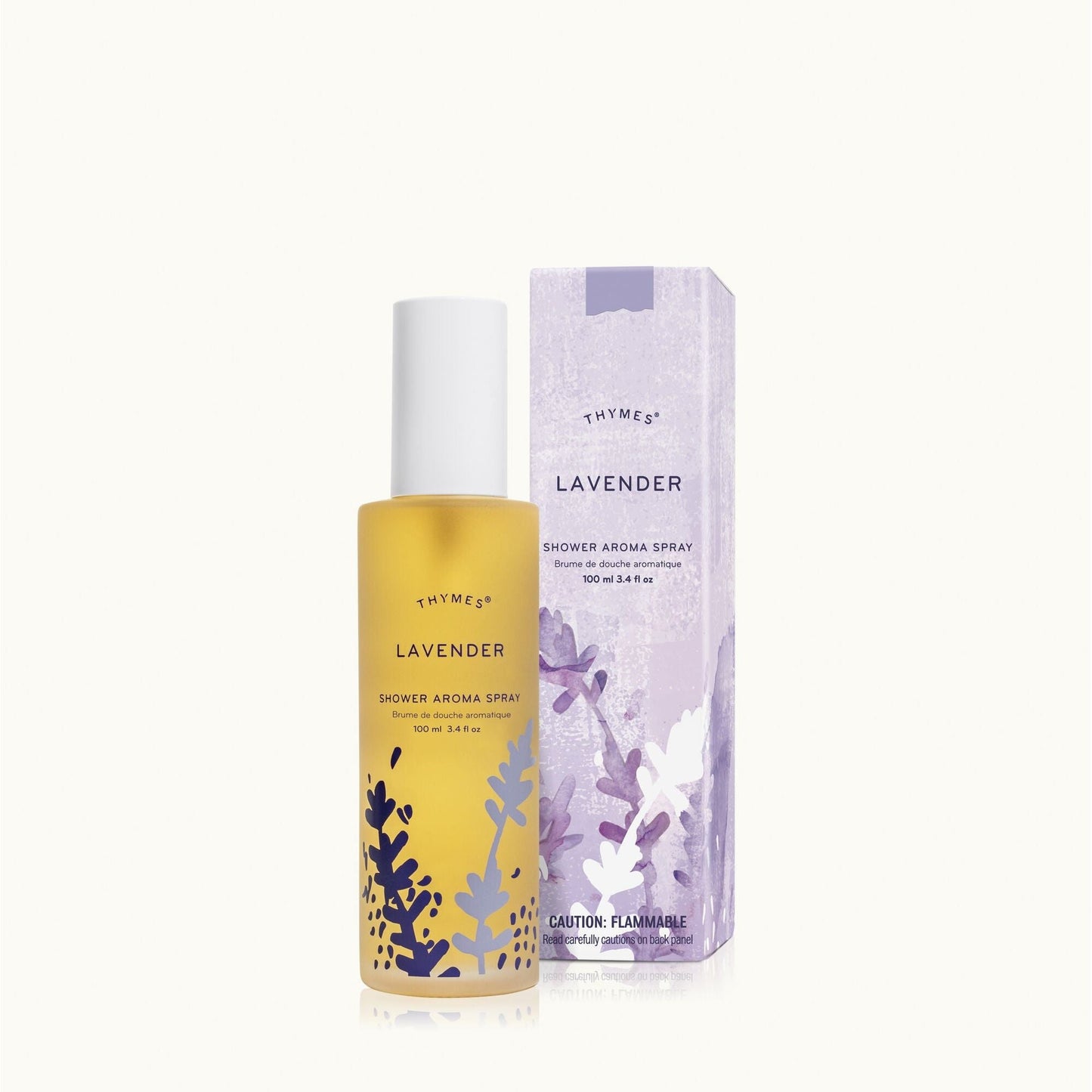 Lavender aroma spray in a 3.4 oz bottle by Thymes, used for shower relaxation and aromatic refreshment.