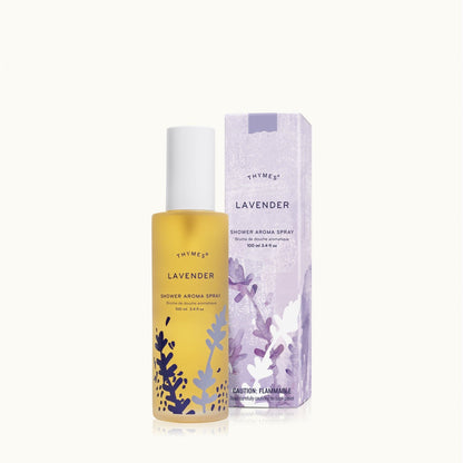 Lavender aroma spray in a 3.4 oz bottle by Thymes, used for shower relaxation and aromatic refreshment.