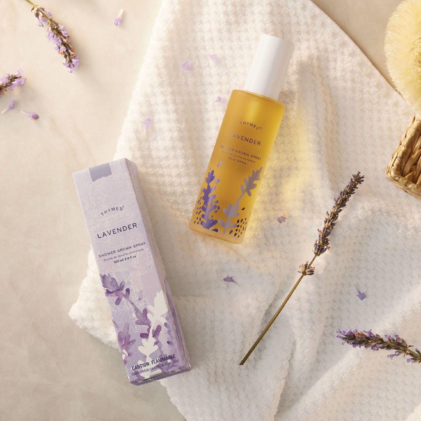 Thymes Lavender Shower Aroma Spray by Pasteur Pharmacy, 3.4 oz, featuring a spray bottle with lavender-scented aroma for shower use.