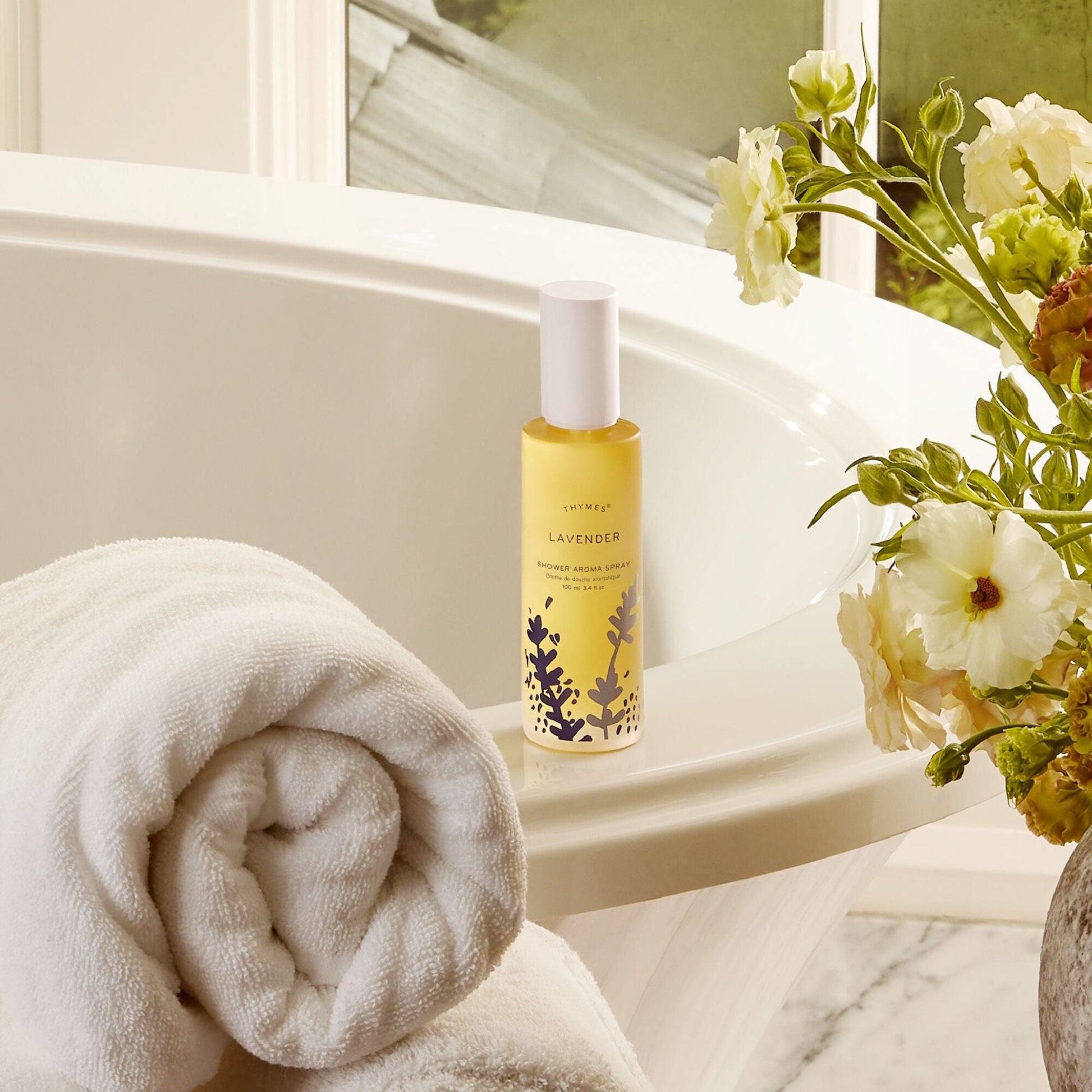 Pasteur Pharmacy Thymes Lavender Shower Aroma Spray 3.4 oz, featuring a spray bottle with lavender-scented aromatherapy mist.