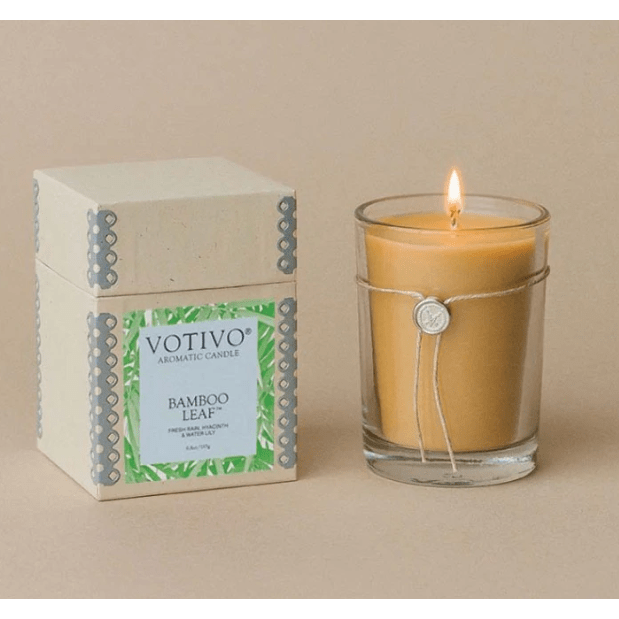 Votivo Bamboo Leaf Aromatic Candle in 6.8oz glass jar, natural candle with bamboo leaf scent, from Pasteur Pharmacy