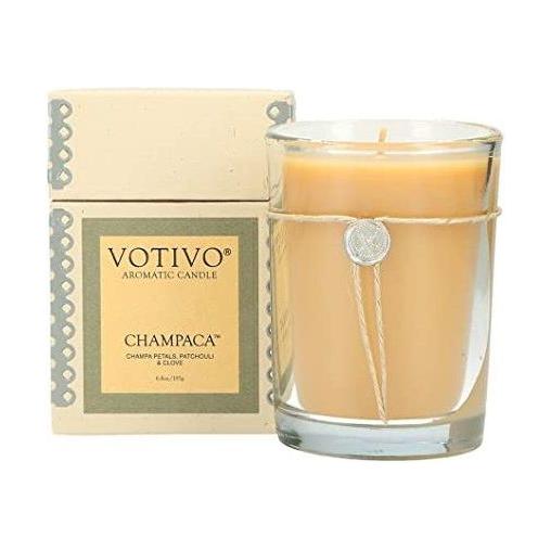 Votivo Champaca Aromatic Candle in a 6.8oz glass jar, featuring a warm, floral scent, designed for a relaxing ambiance.