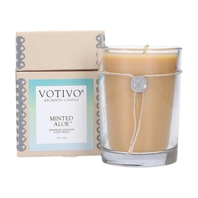 Votivo Aromatic Candle Minted Aloe in a 6.8oz glass jar, with fresh minted aloe scent and elegant design from Pasteur Pharmacy