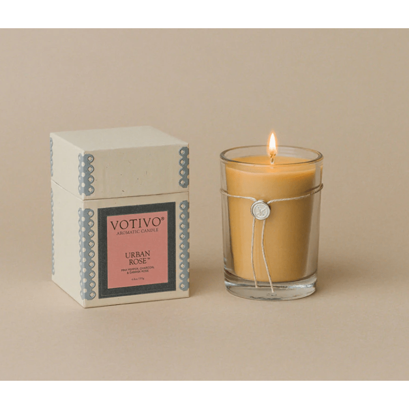Votivo Urban Rose aromatic candle in 6.8oz glass jar with pink rose design, ideal for home fragrance and ambiance.
