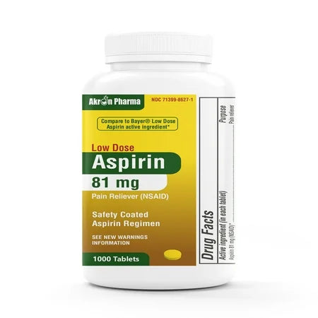 Aspirin 81 mg tablets from Pasteur Pharmacy, 1000-count bottle, showing white round tablets on a standard pill blister pack.
