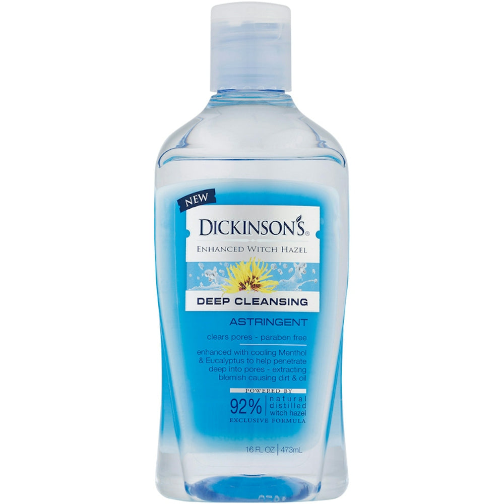 Dickinson's Enhanced Witch Hazel Deep Cleansing Astringent bottle, natural skincare product for deep pore cleansing.