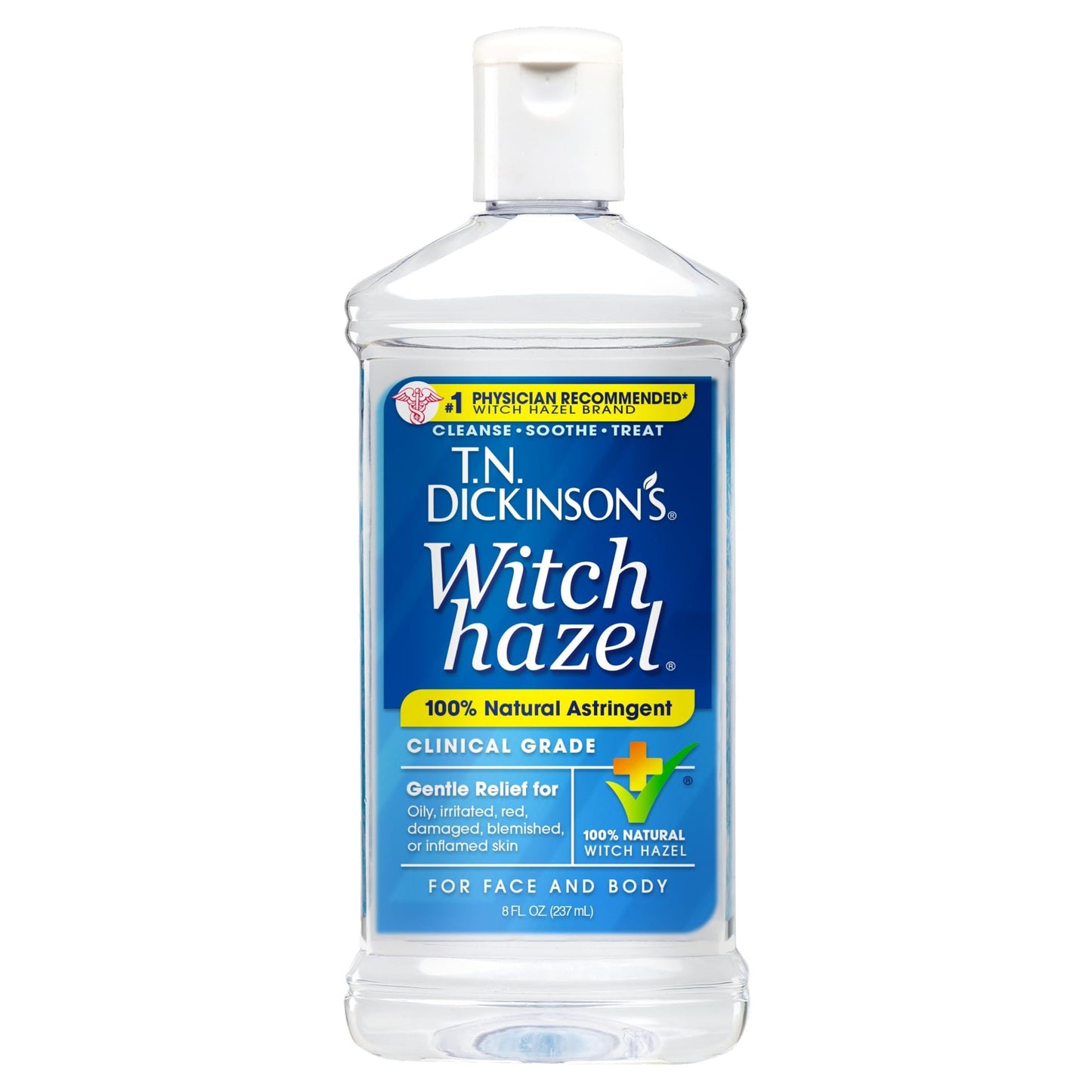 Dickinson's Witch Hazel All Natural Astringent bottle, clinical grade, 8 oz, for skin soothing and cleansing.