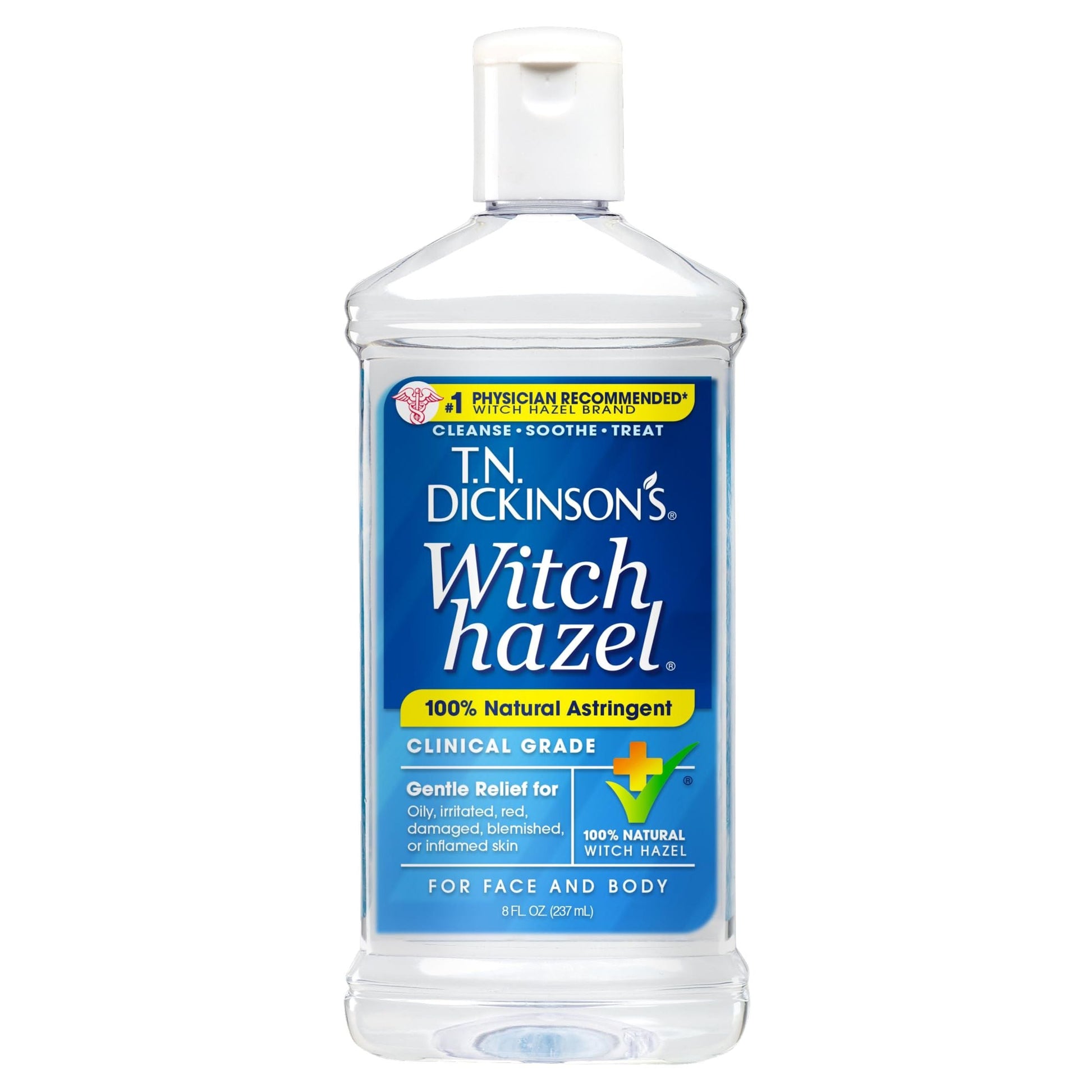 Dickinson's Witch Hazel All Natural Astringent bottle, clinical grade, 8 oz, for skin soothing and cleansing.