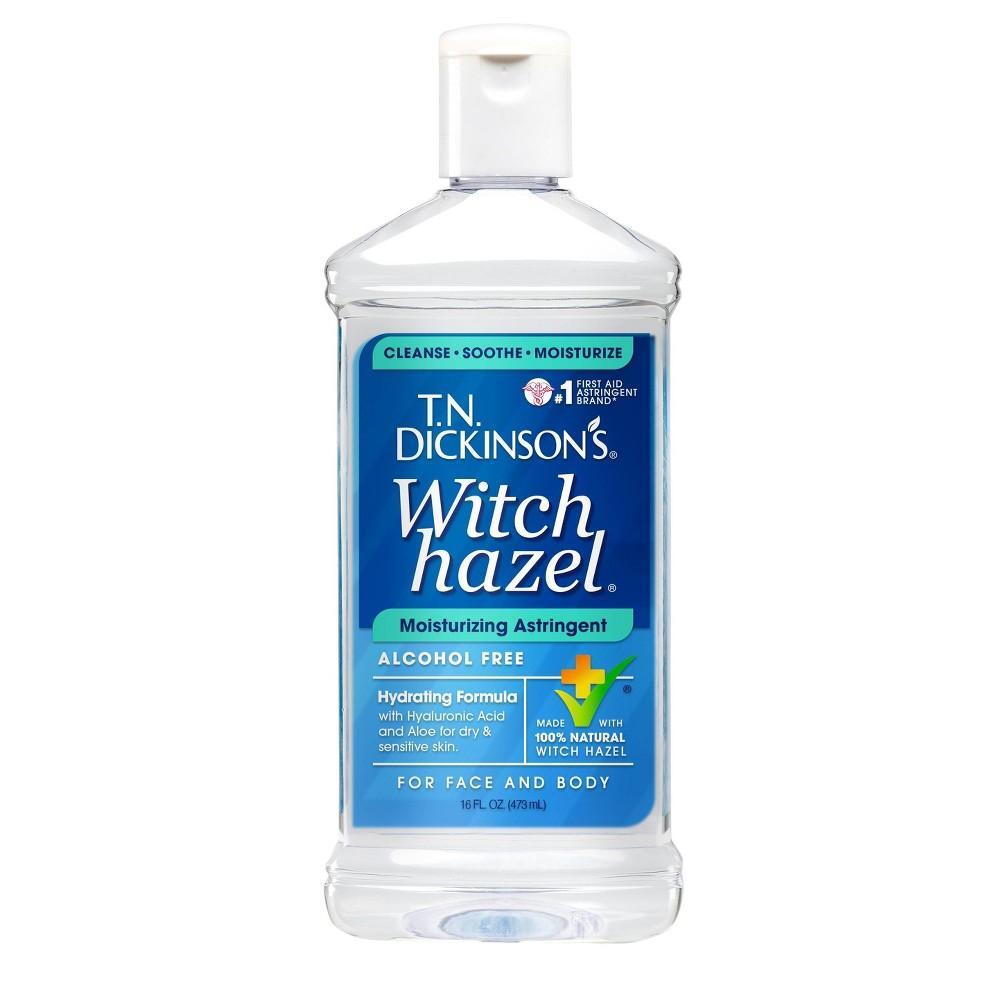 T.N. Dickinson's Witch Hazel Moisturizing Astringent bottle, 16 oz, natural skincare product for soothing skin.