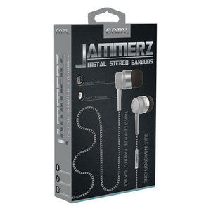 Silver Coby Jammerz metal tangle-free earbuds for audio listening, with sleek design and durable construction.