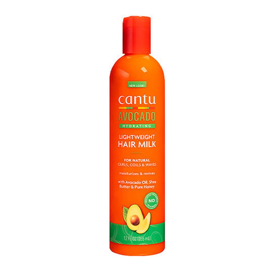 Cantu Avocado Lightweight Hair Milk Hydrating in a 12 oz bottle, featuring fresh avocados on a natural background.