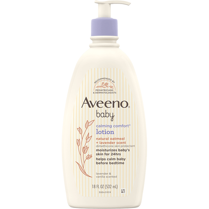 Aveeno Baby Calming Comfort Moisturizing Body Lotion in a large 18 fl oz bottle, gentle baby body lotion with soothing ingredients.