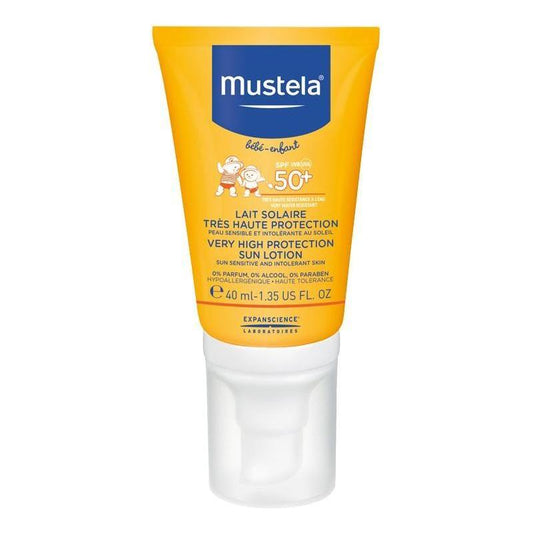 Mustela Baby Face Milk SPF 50+ sunscreen in 40 ml tube, gentle protection for baby's sensitive skin