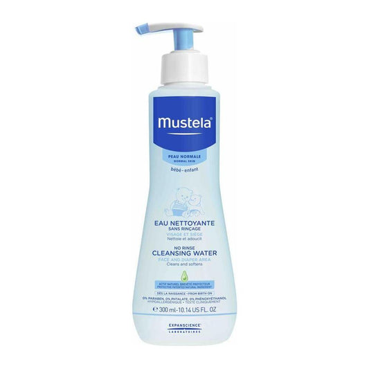 Mustela baby cleansing water for face and diaper area, no rinse, normal skin, 10.14 oz bottle with gentle formula