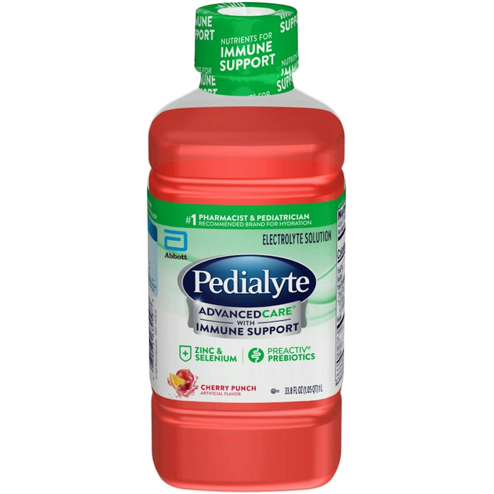Pedialyte Advanced Care Plus Cherry Punch electrolyte hydration drink in a 33.8 fl oz bottle, designed for baby hydration.